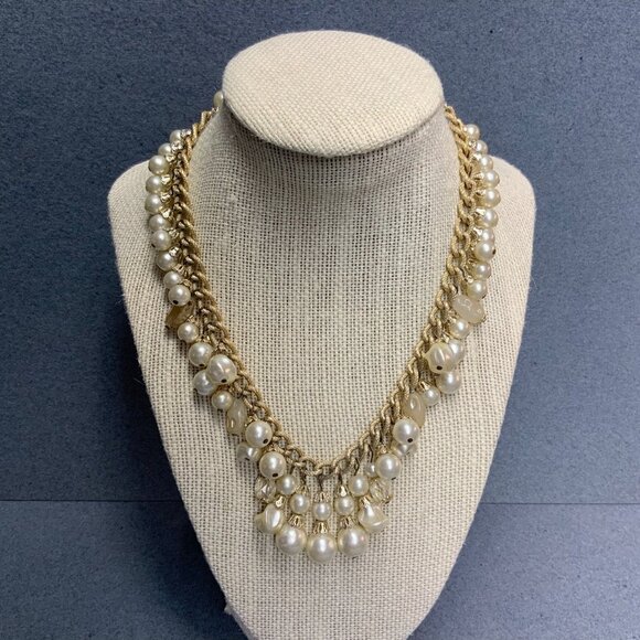 Retro Chunky Statement Necklace 14 In Textured Gold Chain Pearl Organic Round - Picture 1 of 6